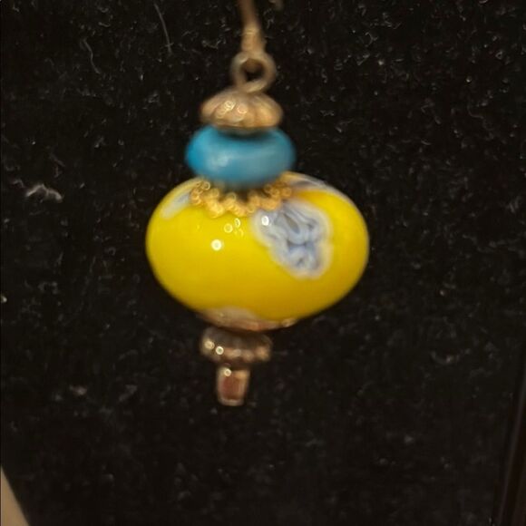 Yellow and Blue Glass Beaded Earrings - Picture 2 of 5